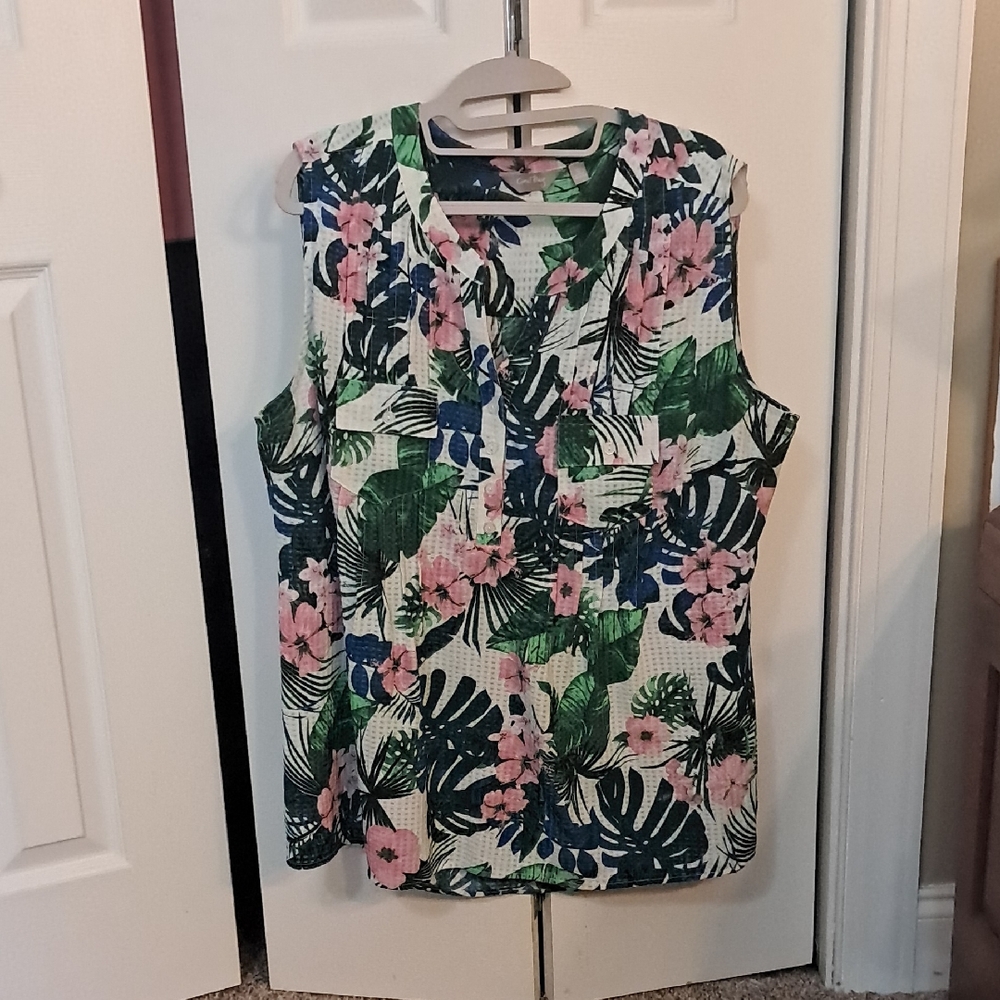 Coral Bay Floral Sleeveless Shirt in Pink, Green & Blue